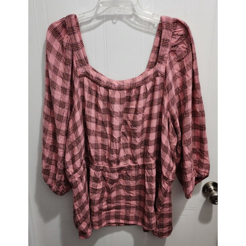 Lane Bryant Women's 3/4 Sleeve Peplum Square Neck Blouse Pink Plaid Plus Size 28